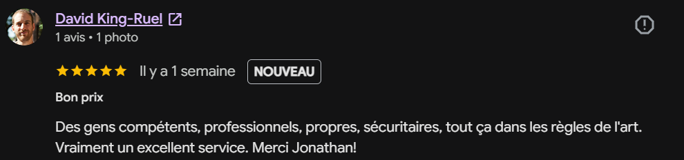 Capture de l’avis Google 5 étoiles de David King-Ruel au sujet de ce chantier. Le commentaire est retranscrit au-dessus.